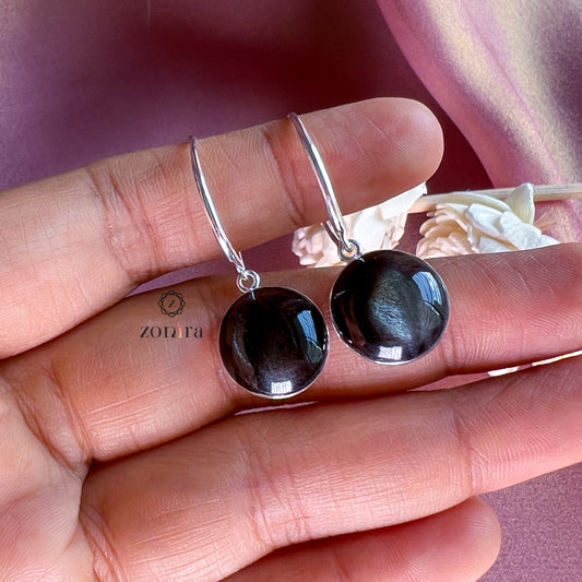 Aabira Silver Danglers - Black Moonstone