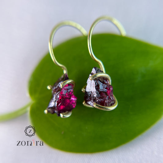 Shikha Silver Earrings - Raw Garnet Gold