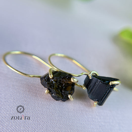 Shikha Silver Earrings - Raw Black Tourmaline Gold