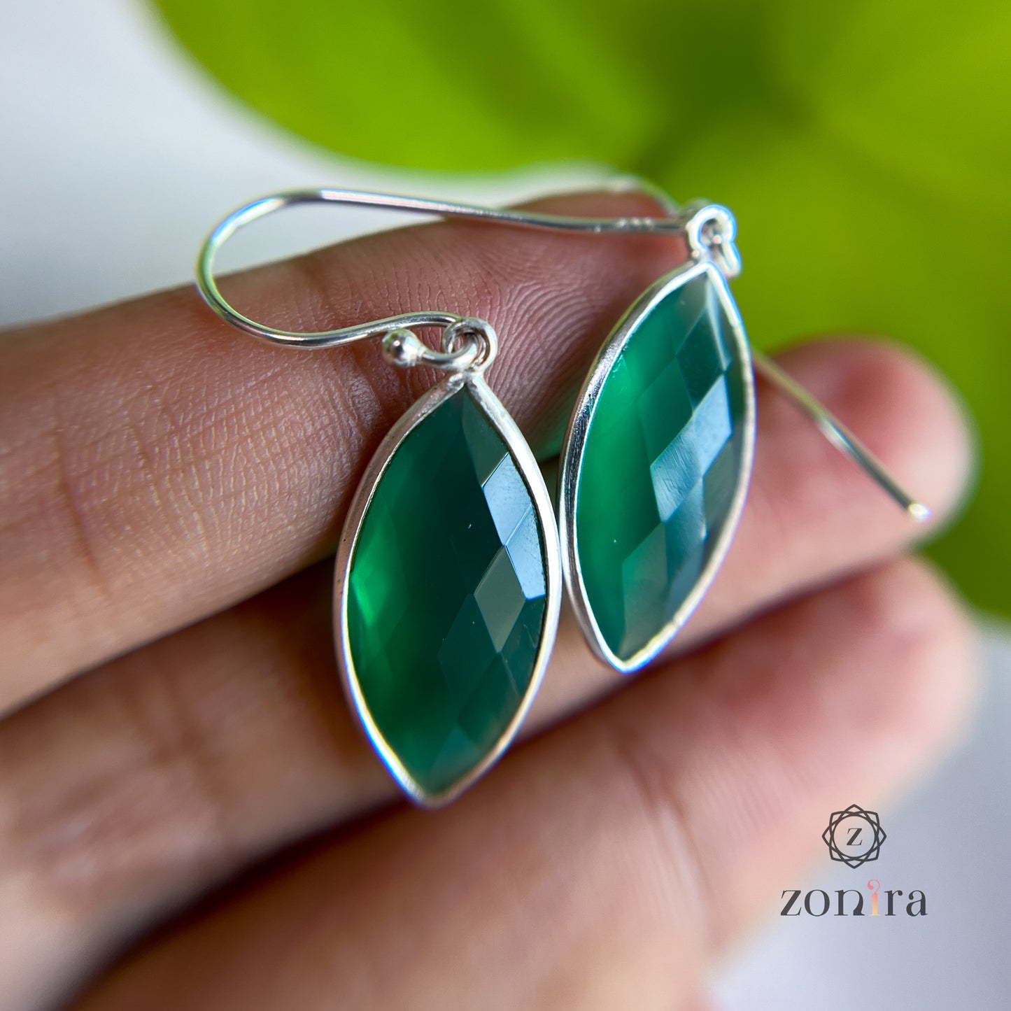 Ekayaa Silver Danglers - Green Onyx