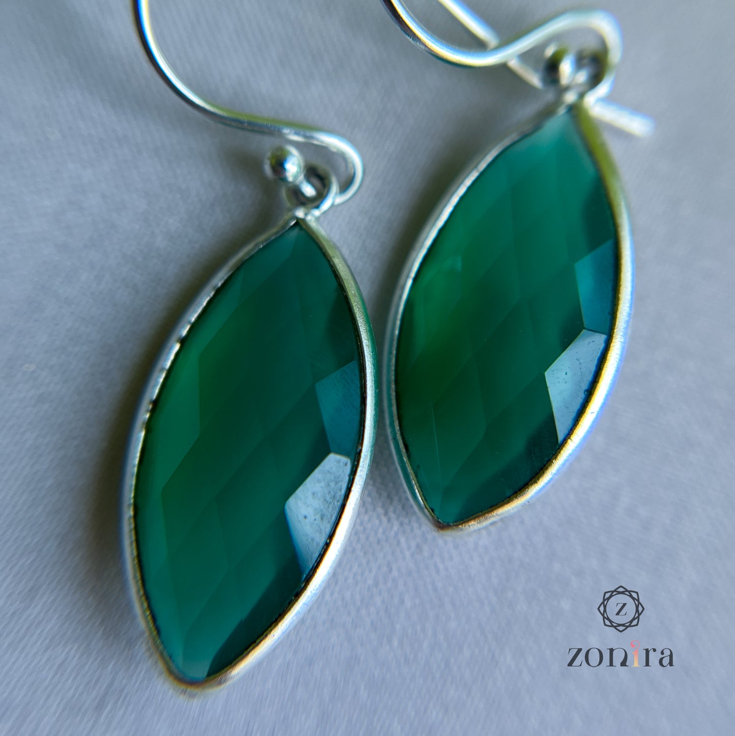 Ekayaa Silver Danglers - Green Onyx