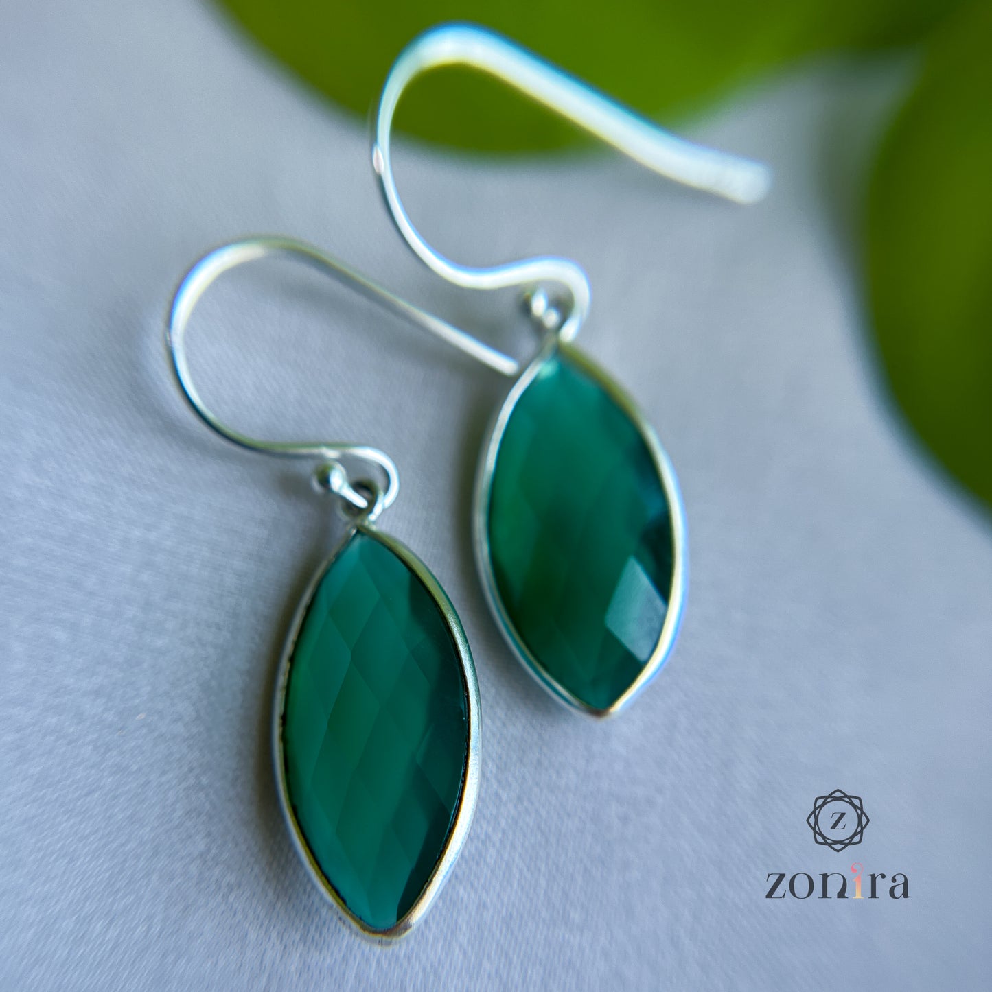 Ekayaa Silver Danglers - Green Onyx