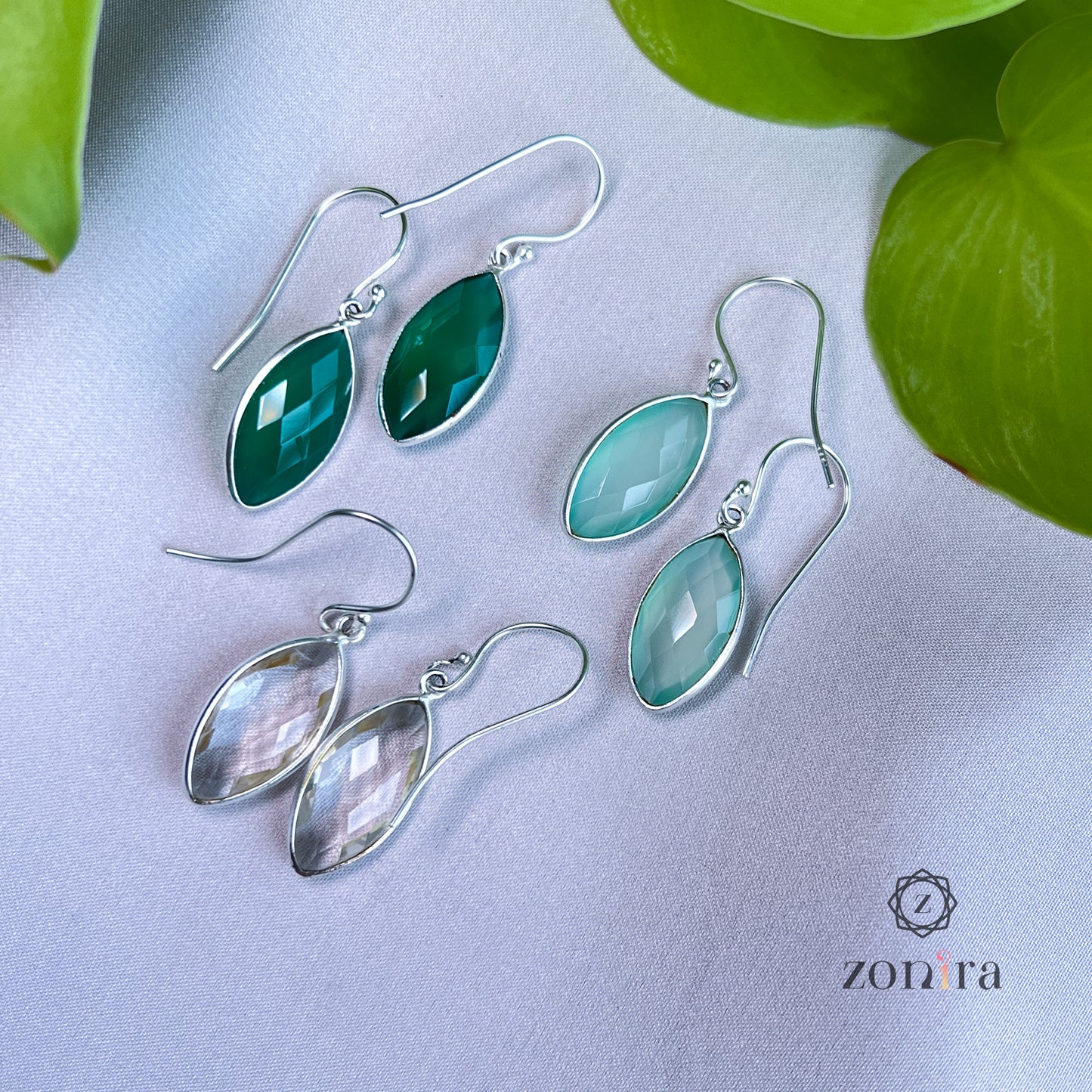 Ekayaa Silver Danglers - Green Onyx