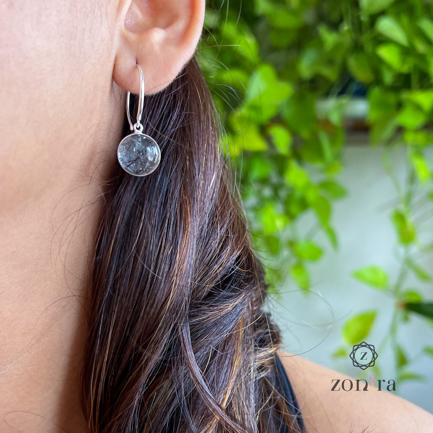 Aabira Silver Danglers - Black Rutile