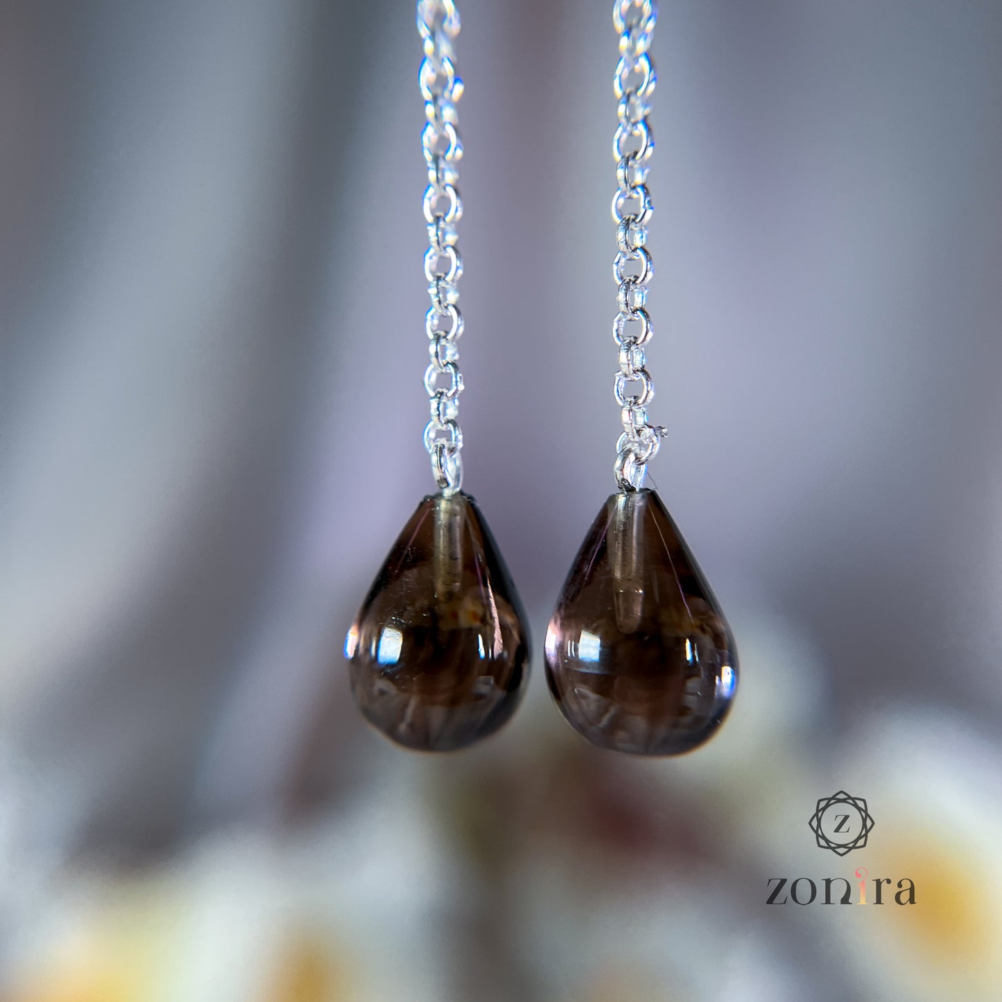 Gul Silver Danglers - Smokey Quartz