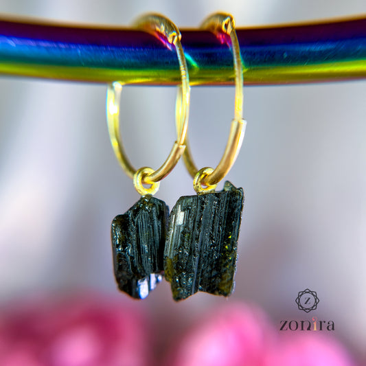 Delilah Silver Earrings - Raw Black Tourmaline Gold