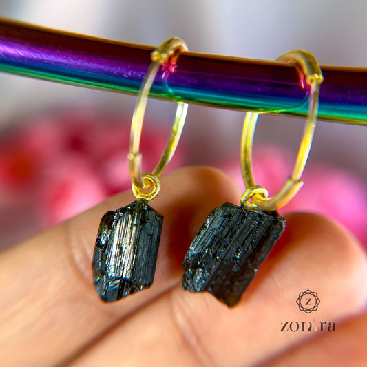 Delilah Silver Earrings - Raw Black Tourmaline Gold