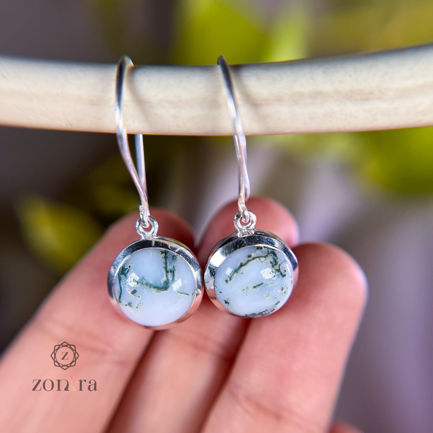 Dohra Silver Danglers - White Moss Agate