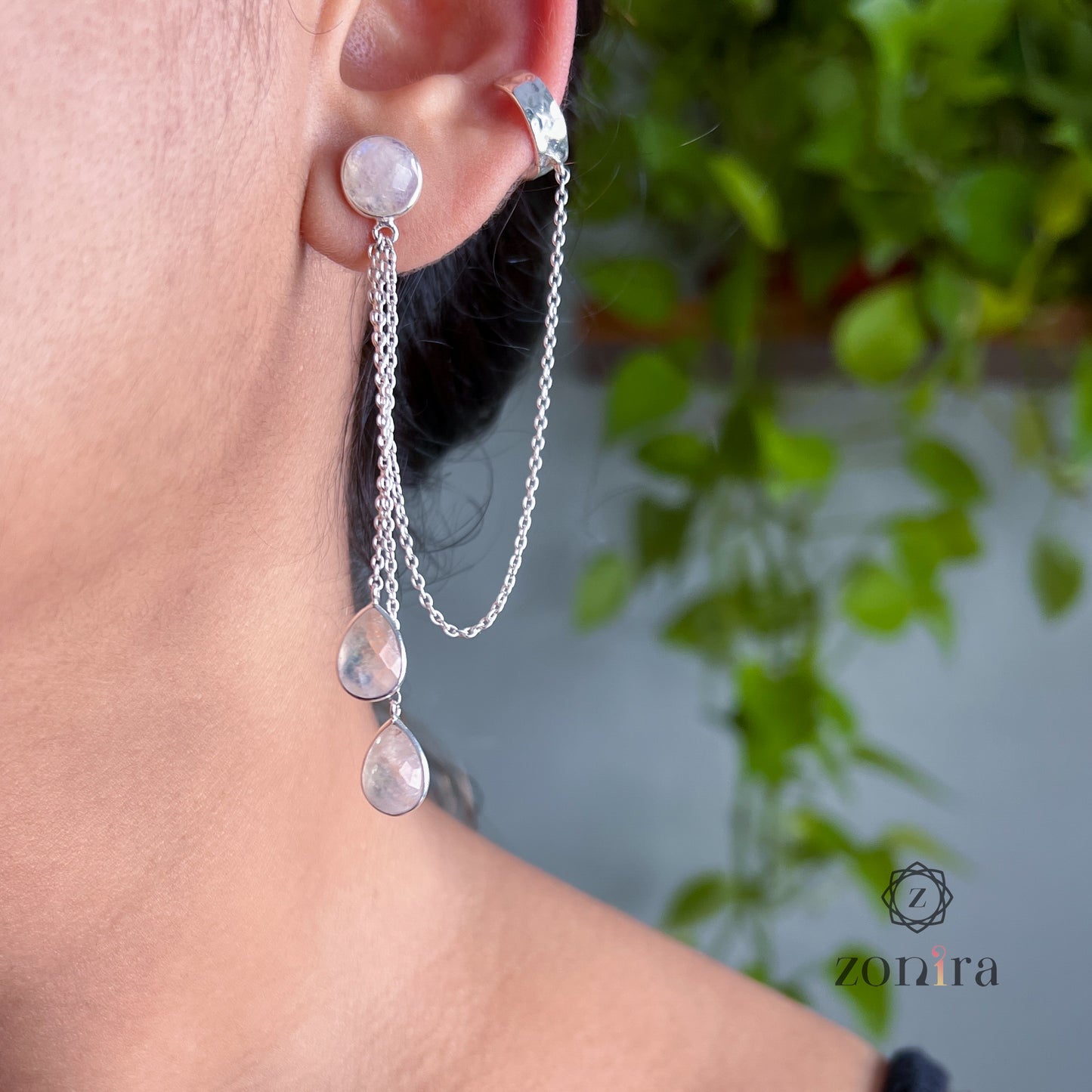 Chanderi Silver Earcuff Danglers - Rainbow Moonstone