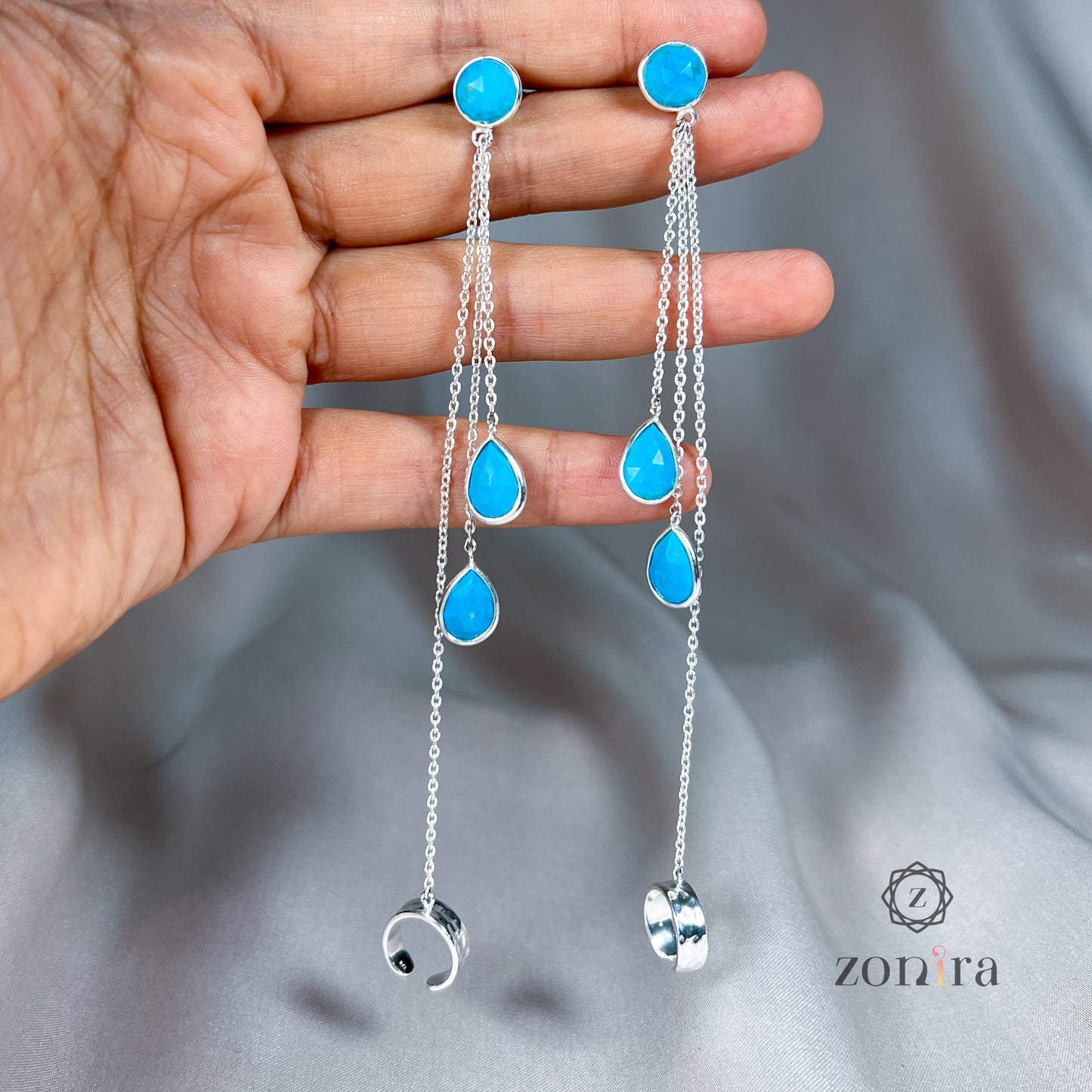 Chanderi Silver Earcuff Danglers - Turquoise
