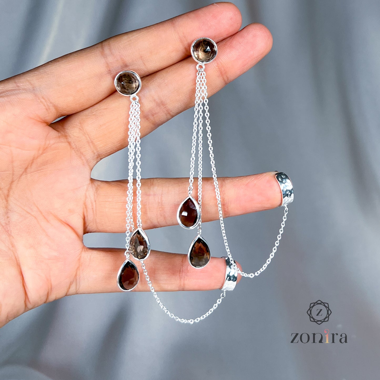 Chanderi Silver Earcuff Danglers - Smokey Quartz