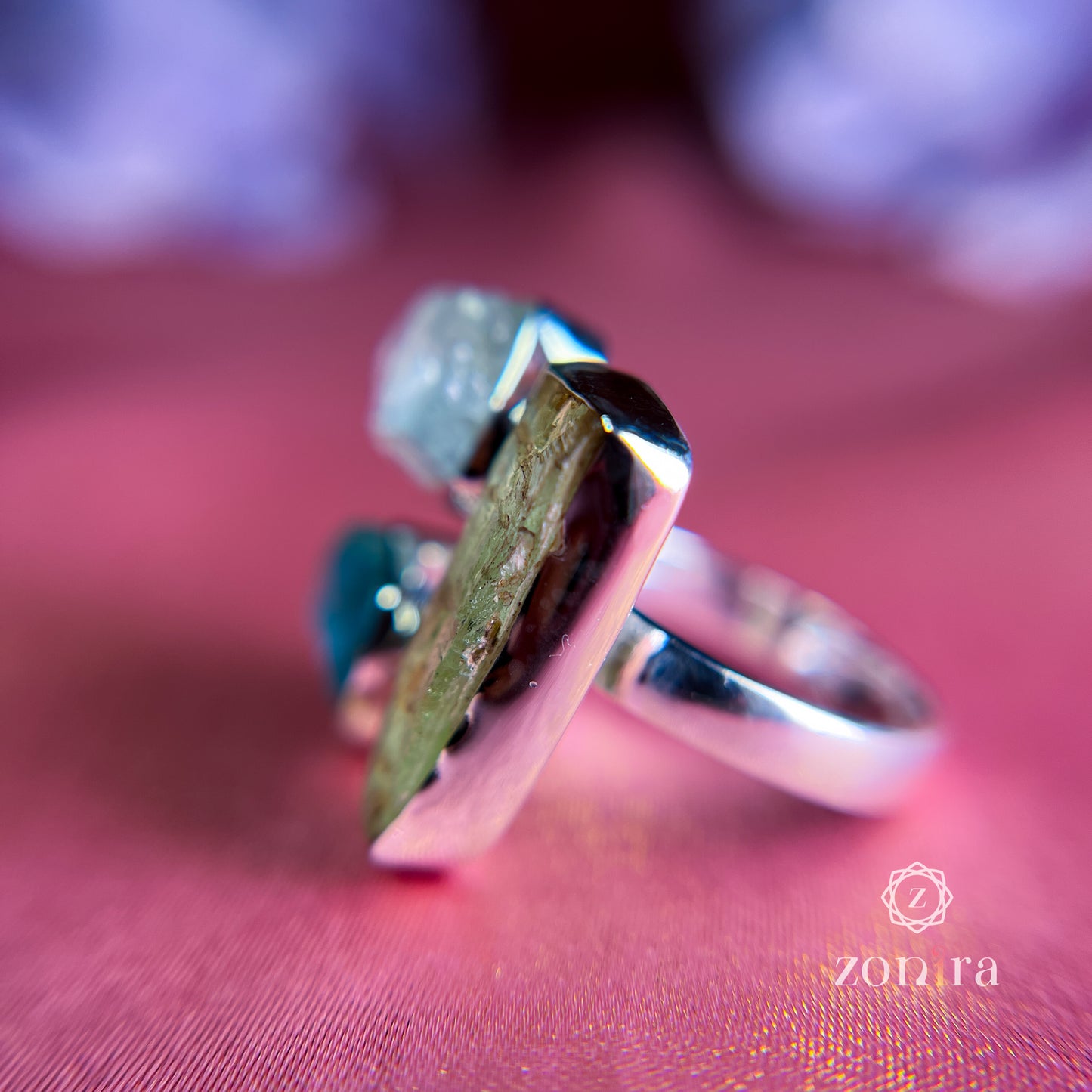 Aadya Silver Ring - Raw Apatite, Aquamarine & Green Kyanite