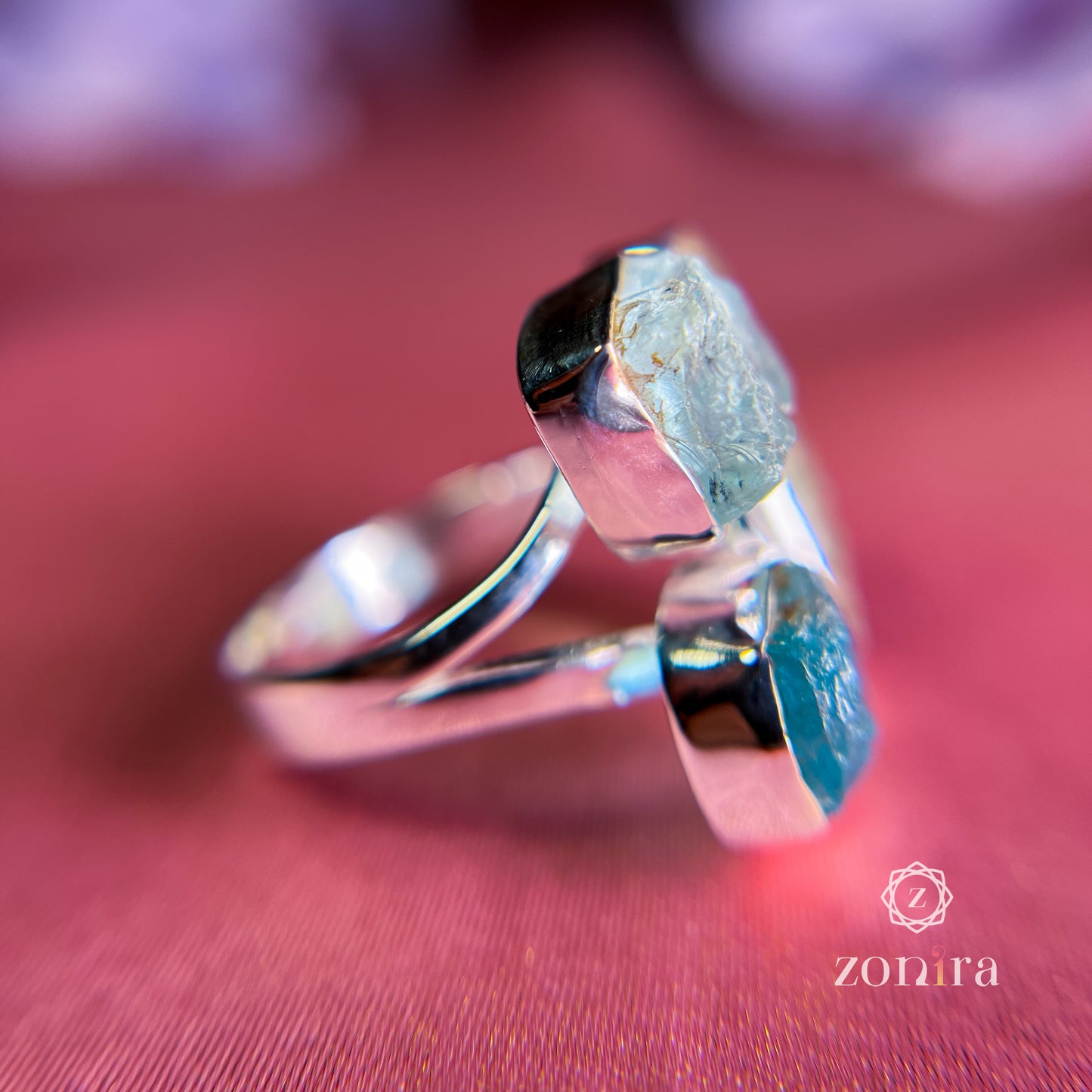 Aadya Silver Ring - Raw Apatite, Aquamarine & Green Kyanite