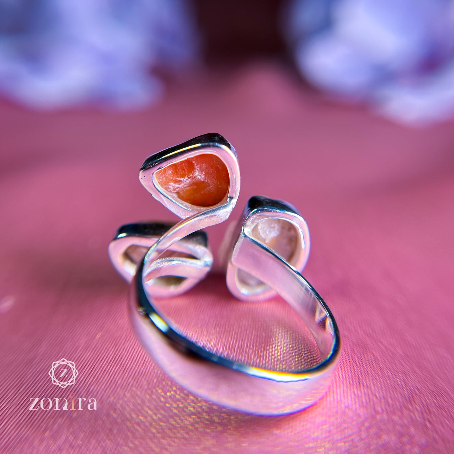 Aadya Silver Ring - Raw Carnelian, Citrine & Rose Quartz