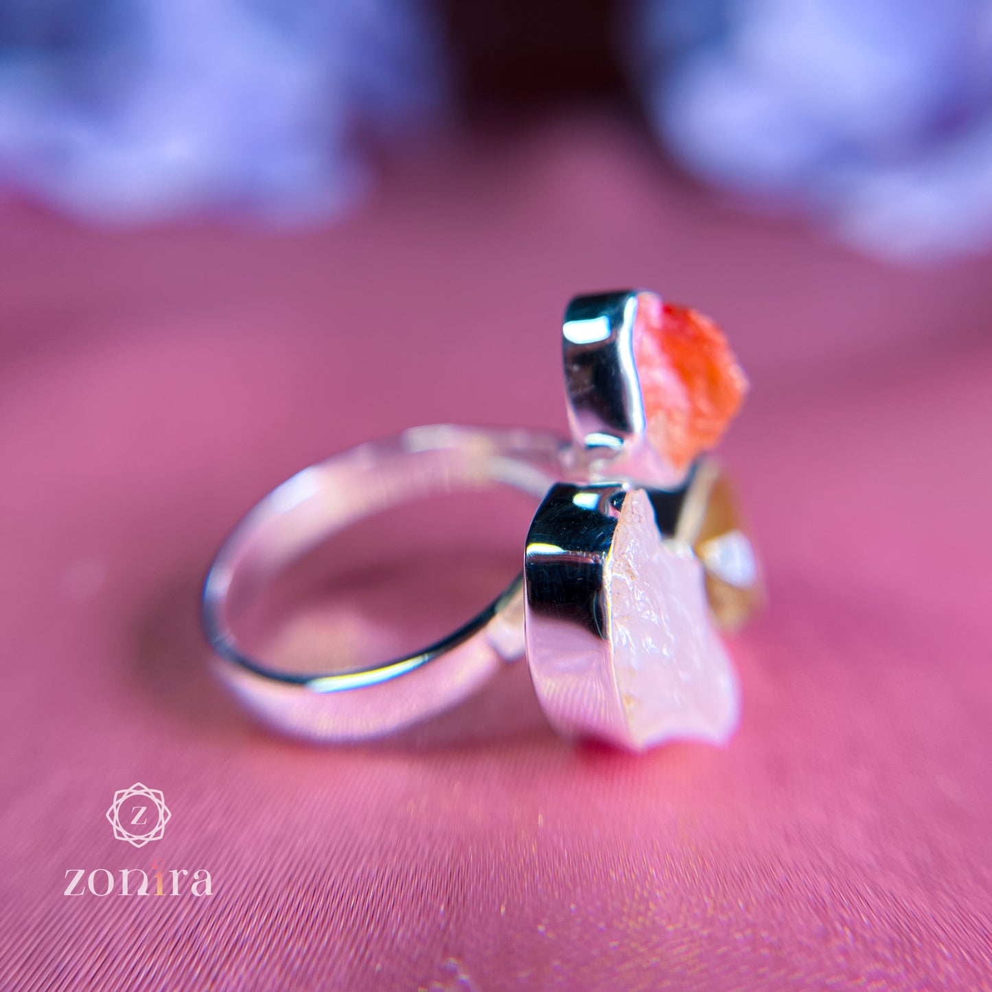 Aadya Silver Ring - Raw Carnelian, Citrine & Rose Quartz