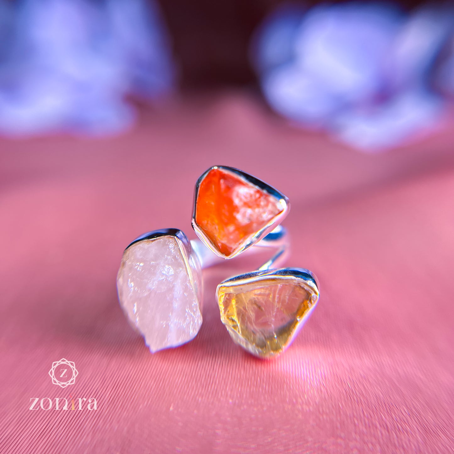 Aadya Silver Ring - Raw Carnelian, Citrine & Rose Quartz