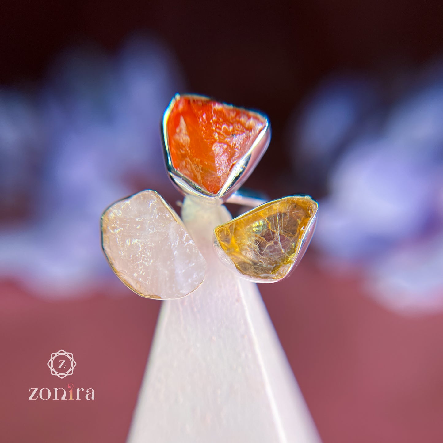 Aadya Silver Ring - Raw Carnelian, Citrine & Rose Quartz