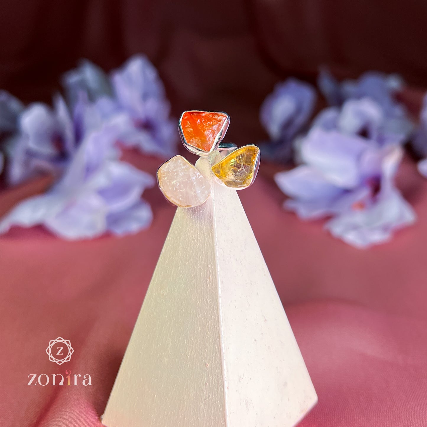 Aadya Silver Ring - Raw Carnelian, Citrine & Rose Quartz