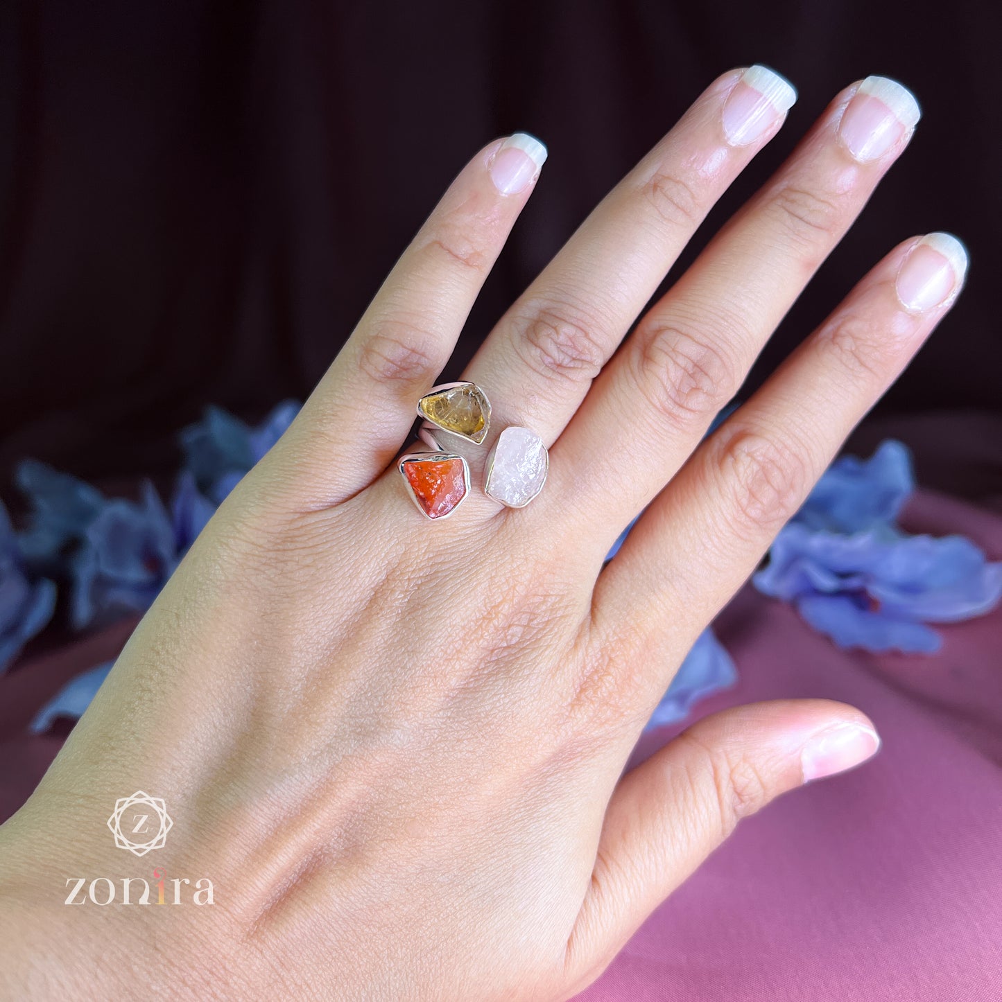 Aadya Silver Ring - Raw Carnelian, Citrine & Rose Quartz