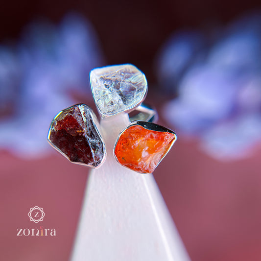 Aadya Silver Ring - Raw Carnelian, Clear Quartz & Garnet