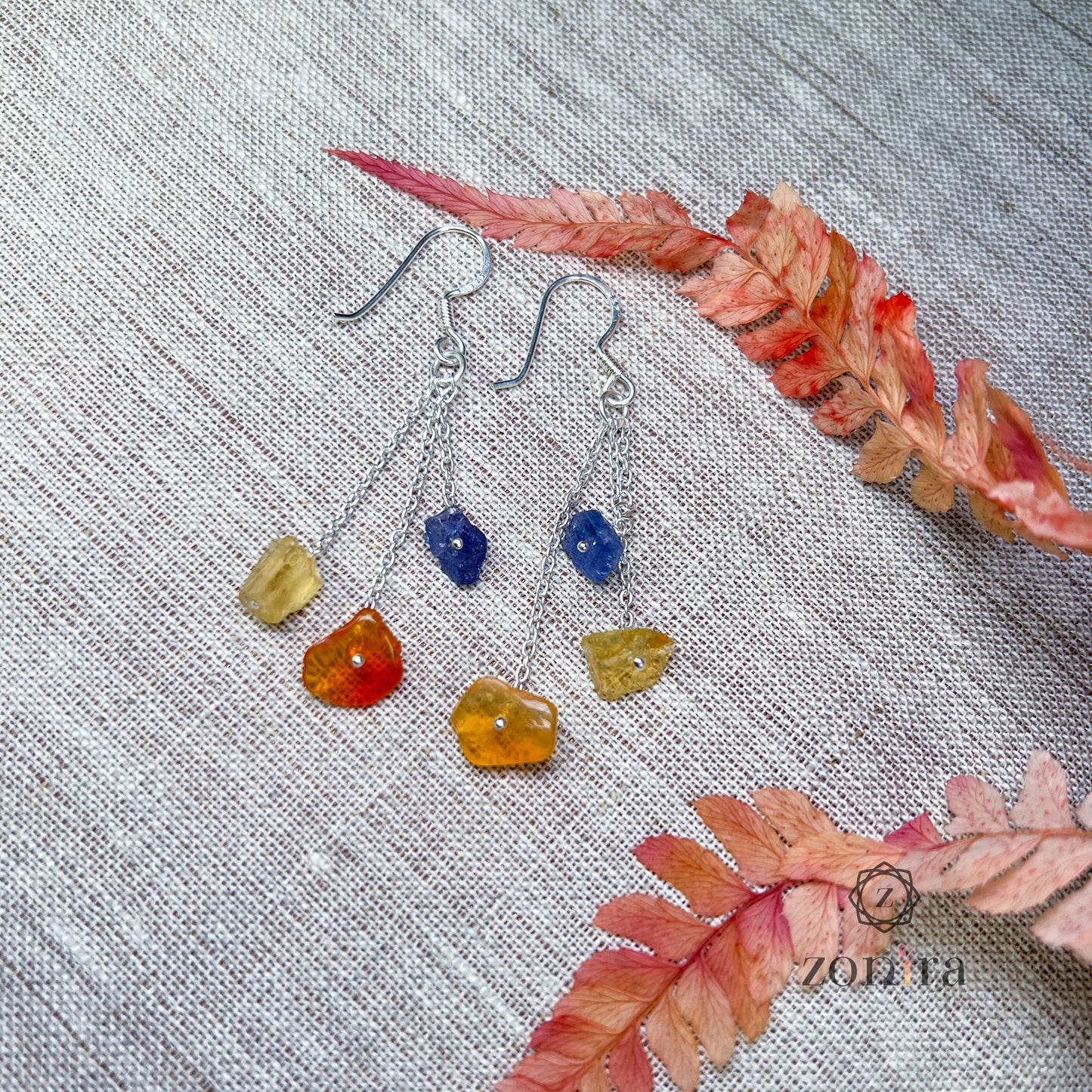 Gulshan Silver Danglers - Raw Amber, Citrine, Tanzanite