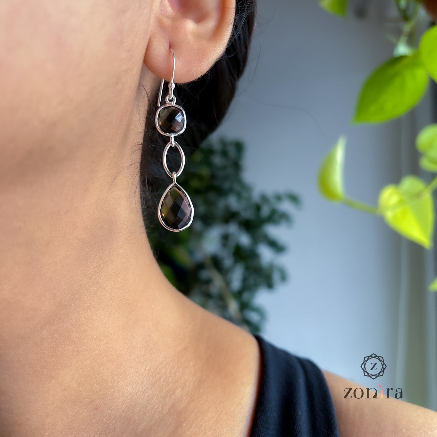 Alaya Silver Danglers - Smokey Quartz