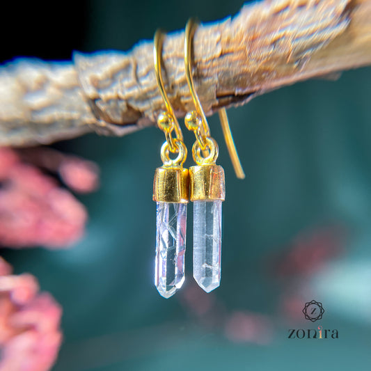 Eka Silver Danglers - Raw Clear Quartz Gold