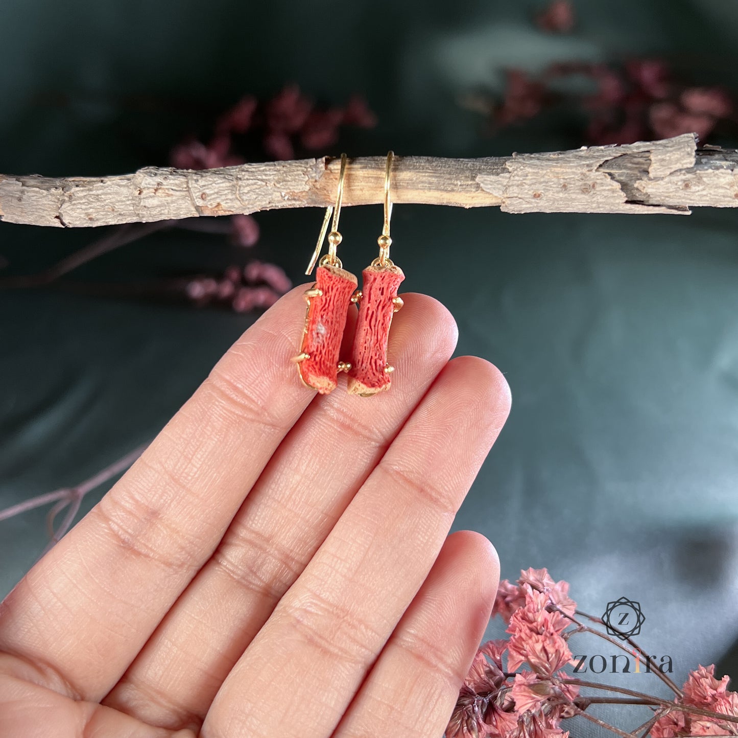 Eka Silver Danglers - Raw Coral Gold