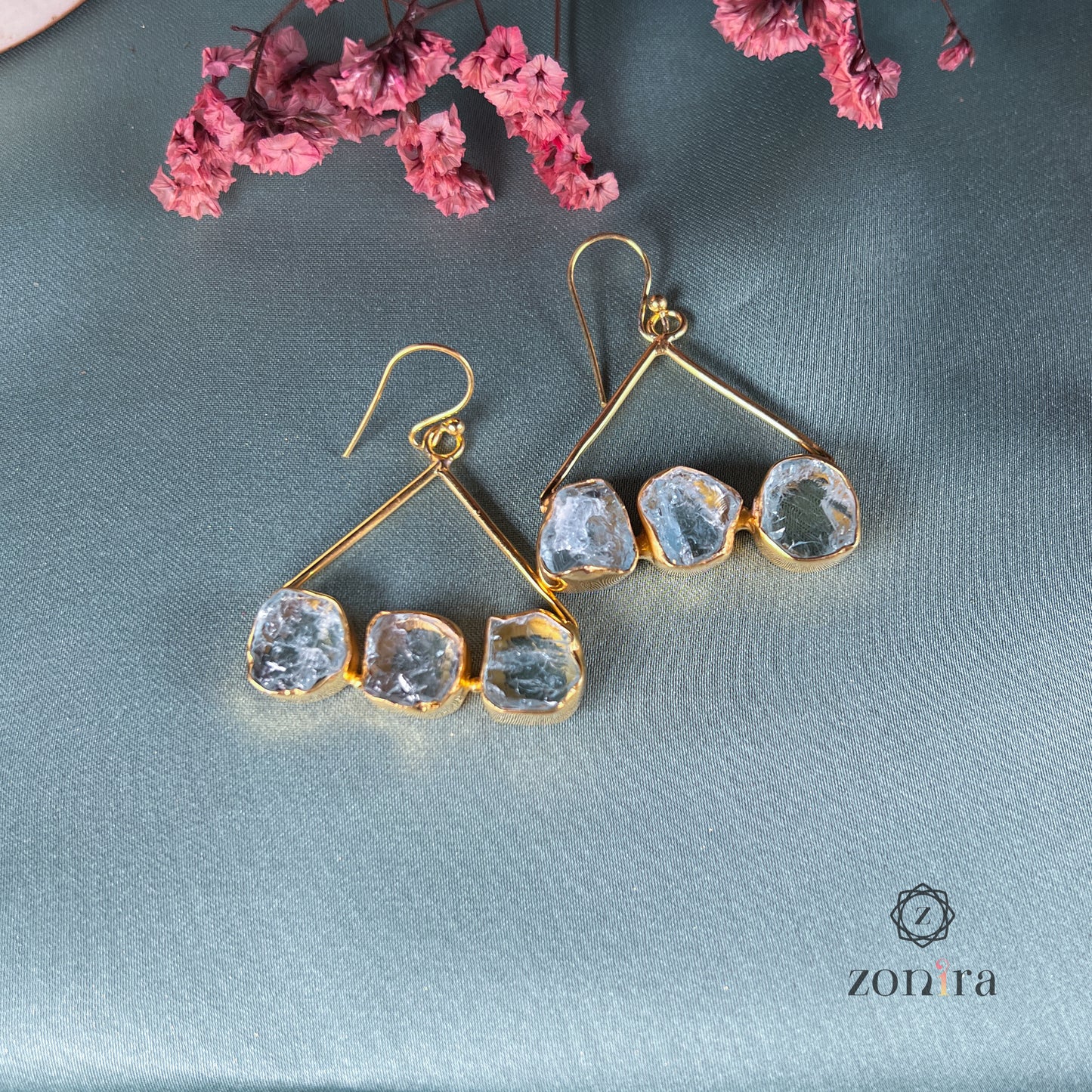 Eva Silver Danglers - Raw Aquamarine Gold