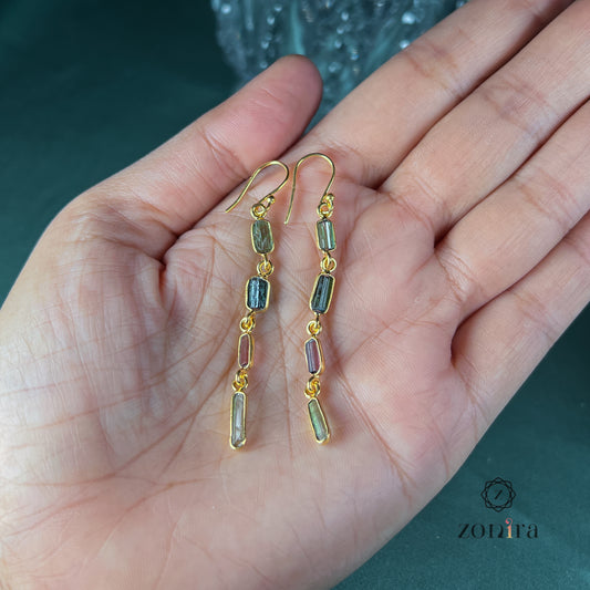 Eva Silver Danglers - Raw Assorted Tourmaline Gold