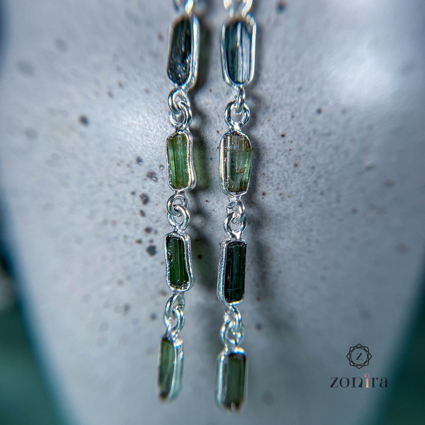 Eva Silver Danglers - Raw Assorted Tourmaline