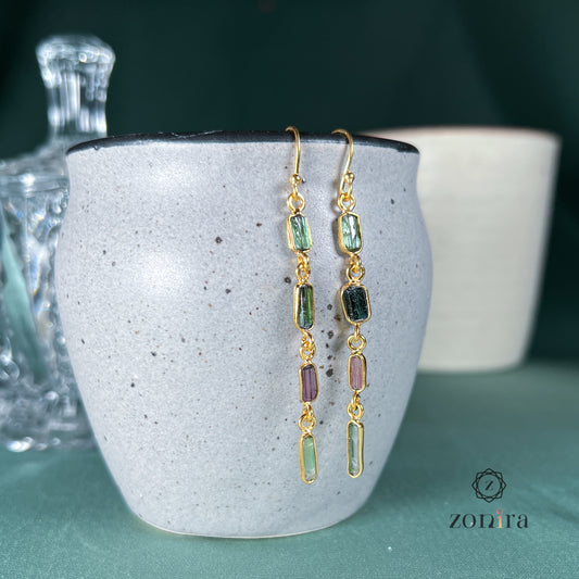 Eva Silver Danglers - Raw Assorted Tourmaline Gold