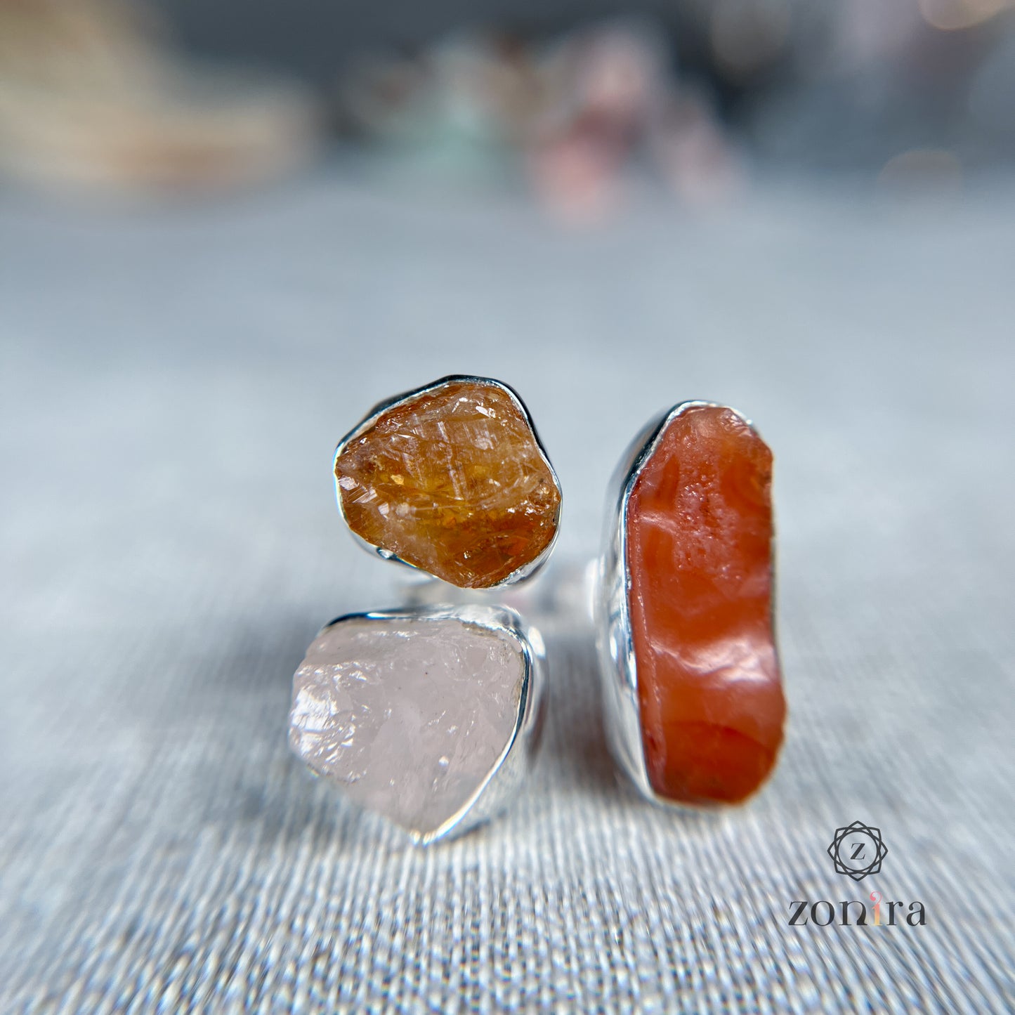 Aadya Silver Ring - Raw Carnelian, Citrine, Rose Quartz