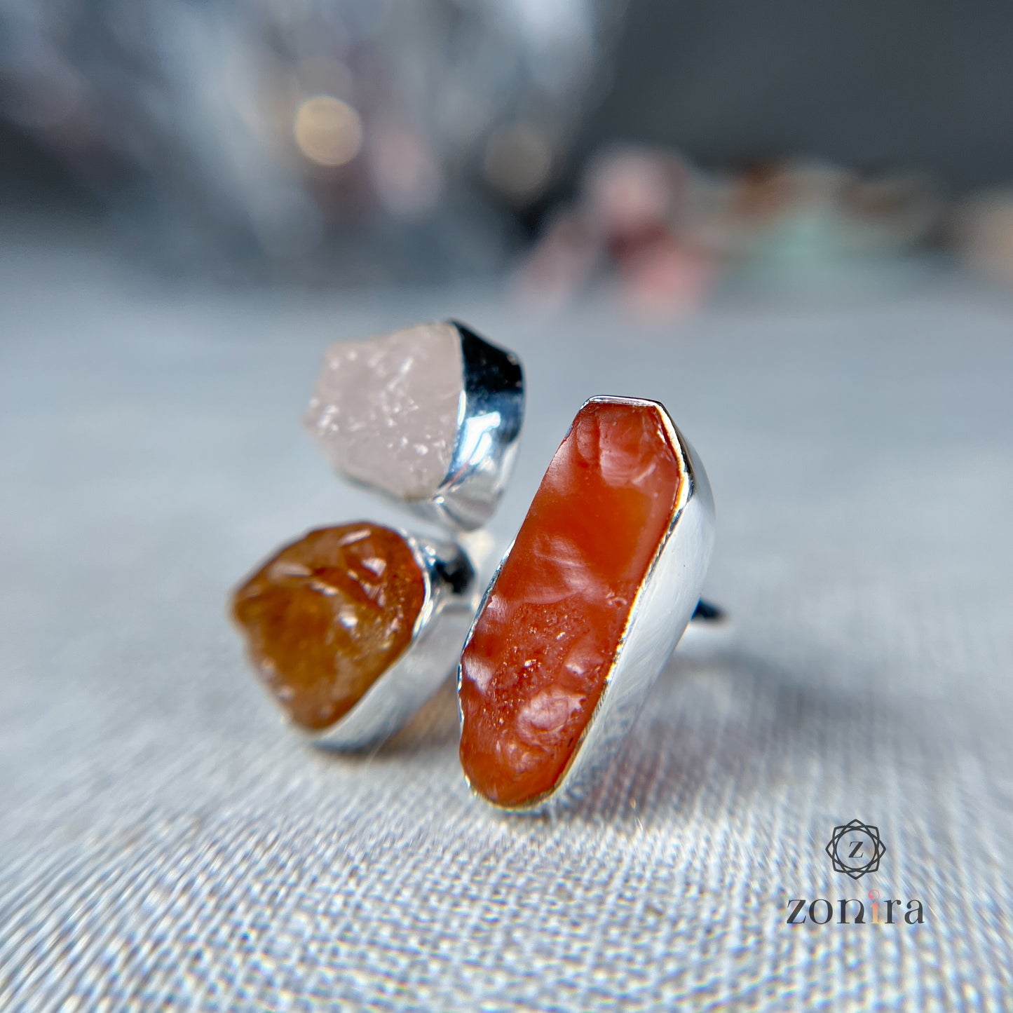 Aadya Silver Ring - Raw Carnelian, Citrine, Rose Quartz