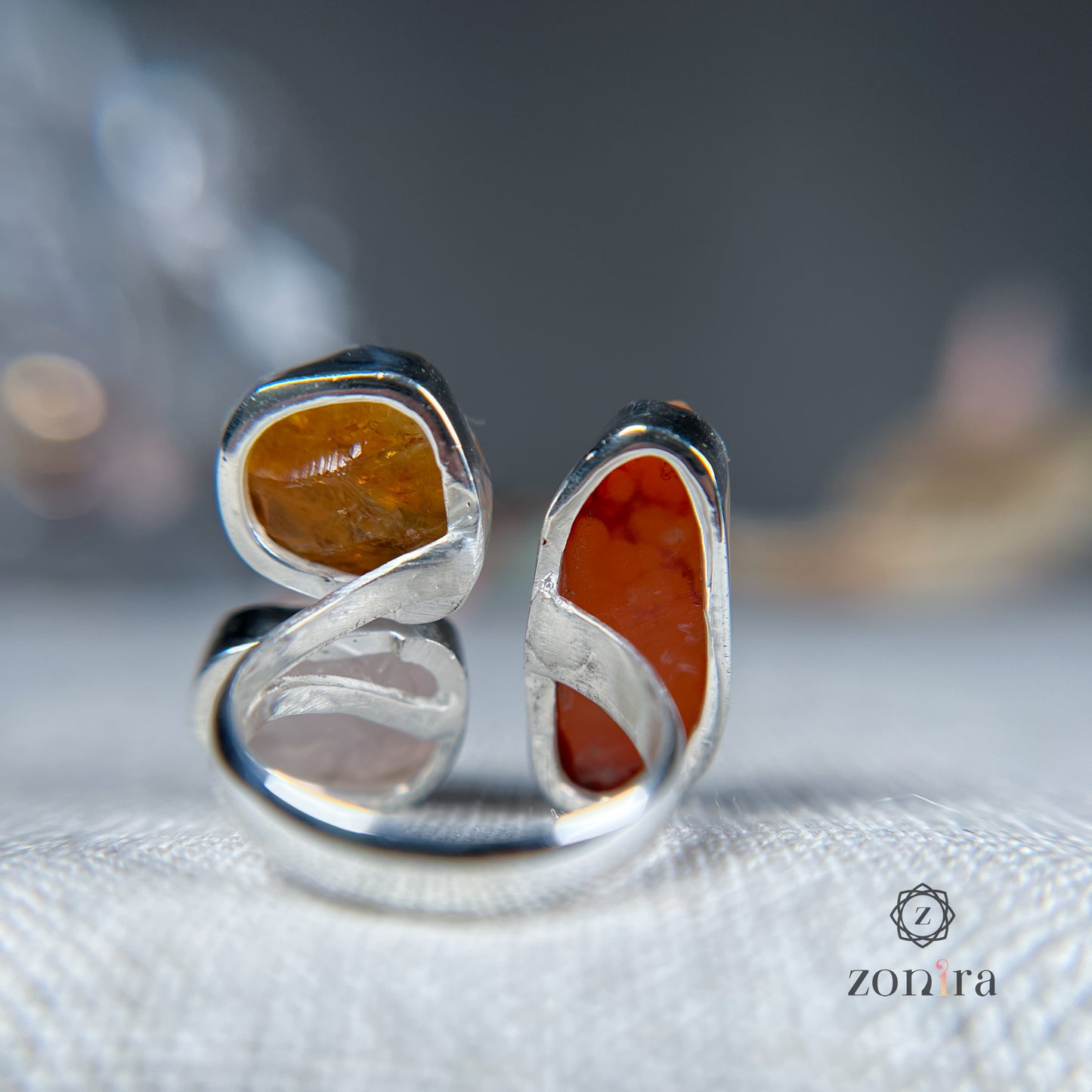 Aadya Silver Ring - Raw Carnelian, Citrine, Rose Quartz