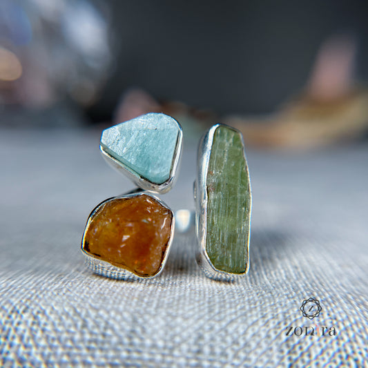 Aadya Silver Ring - Raw Amazonite, Citrine, Green Kyanite