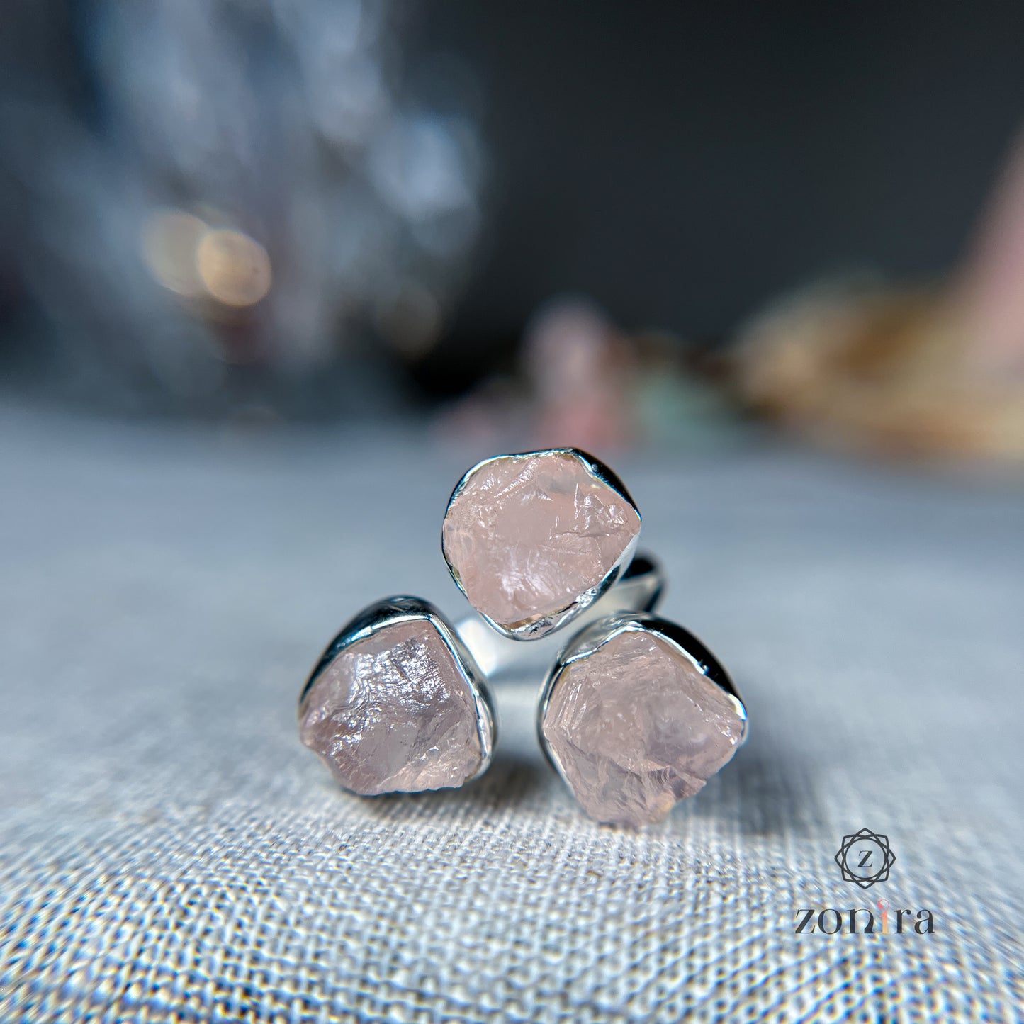 Aadya Silver Ring - Raw Rose Quartz