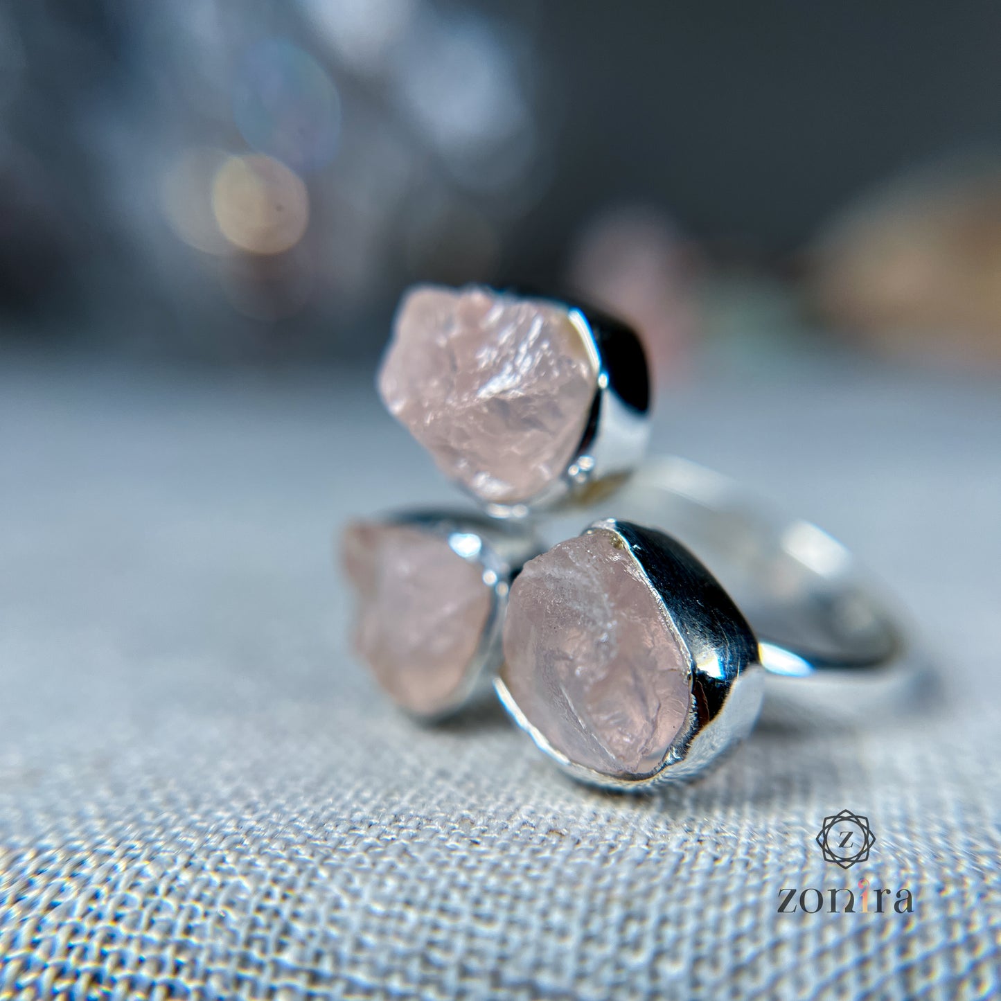 Aadya Silver Ring - Raw Rose Quartz