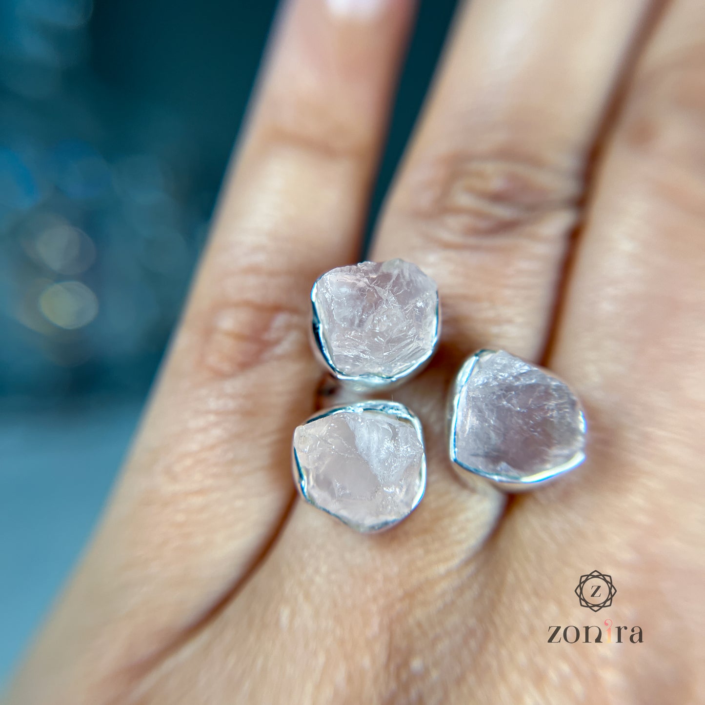 Aadya Silver Ring - Raw Rose Quartz