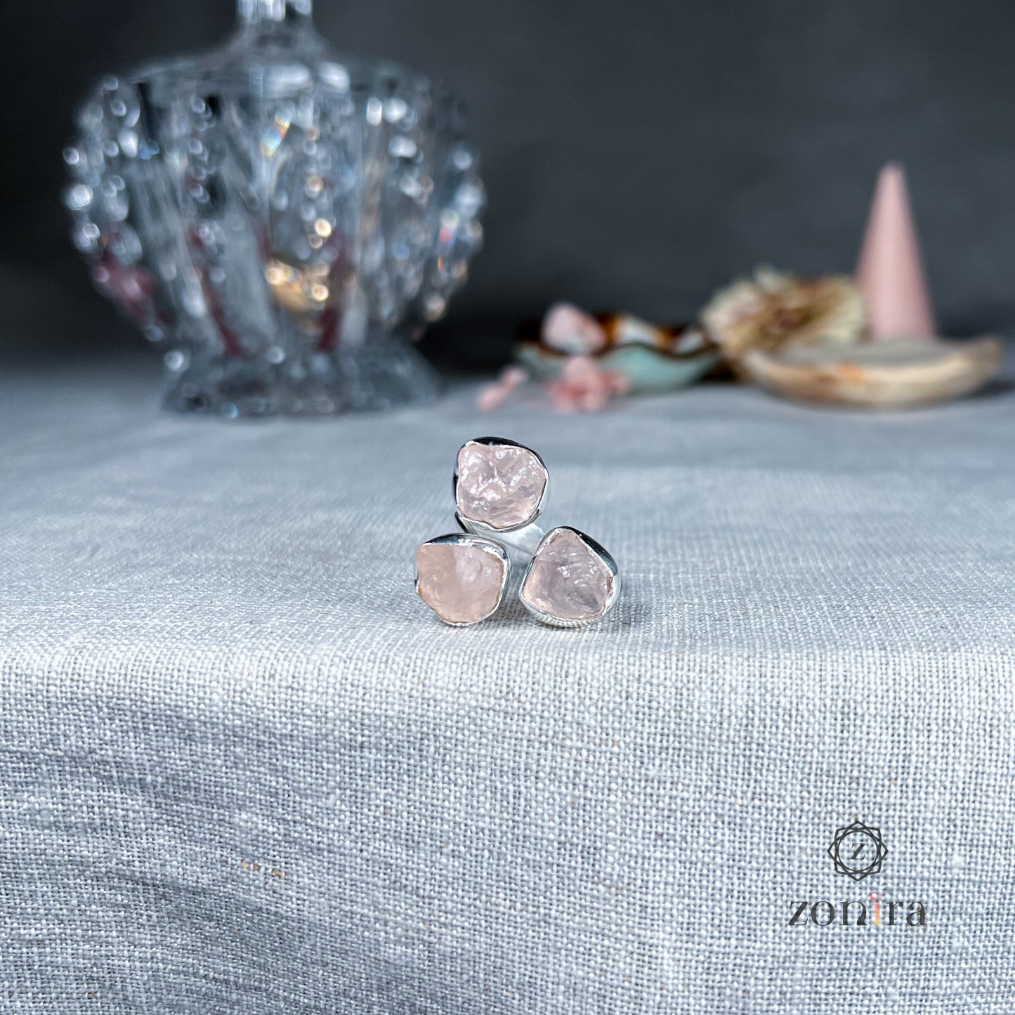 Aadya Silver Ring - Raw Rose Quartz