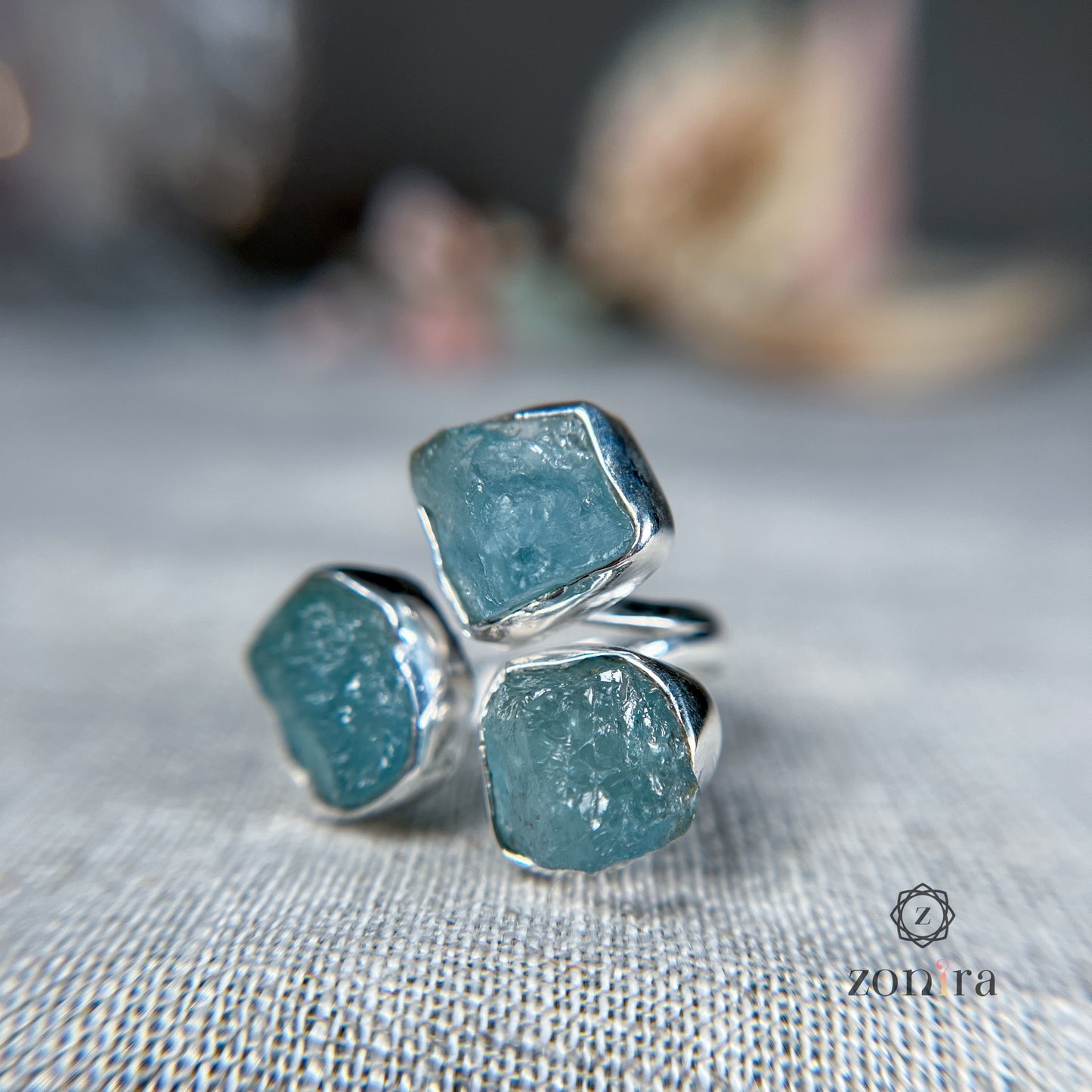 Aadya Silver Ring - Raw Aquamarine