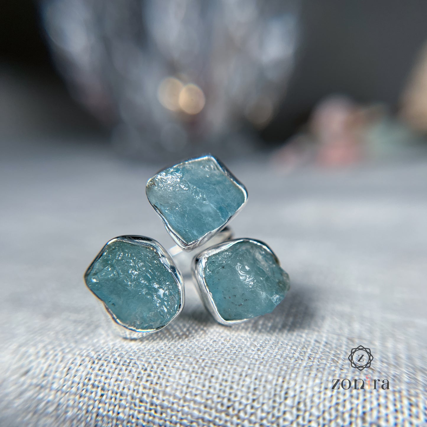 Aadya Silver Ring - Raw Aquamarine