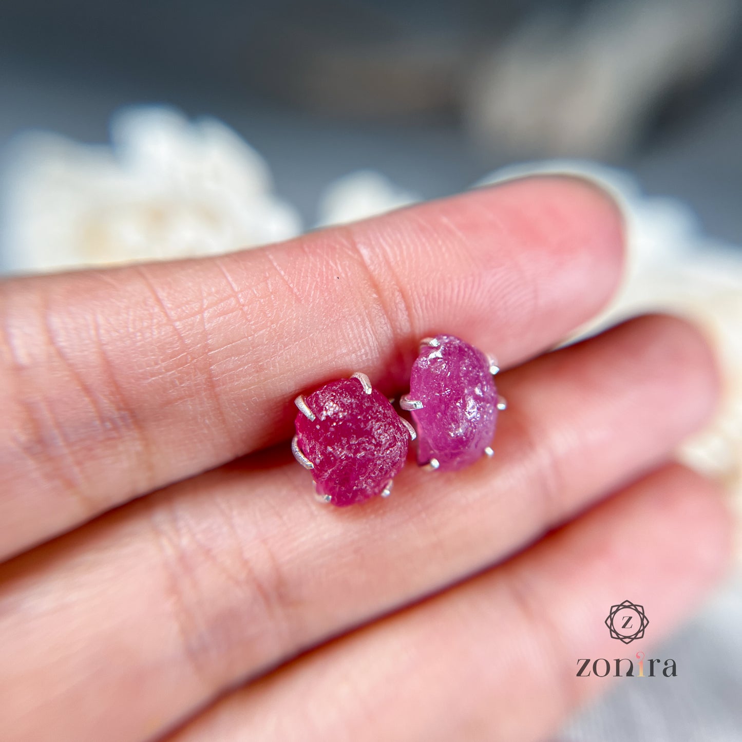 Aabhas Silver Studs - Raw Ruby