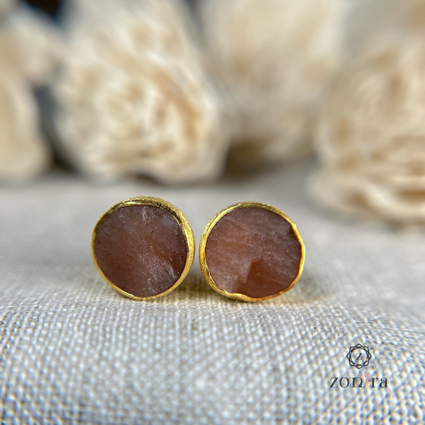 Aabis Silver Studs - Raw Peach Moonstone Gold