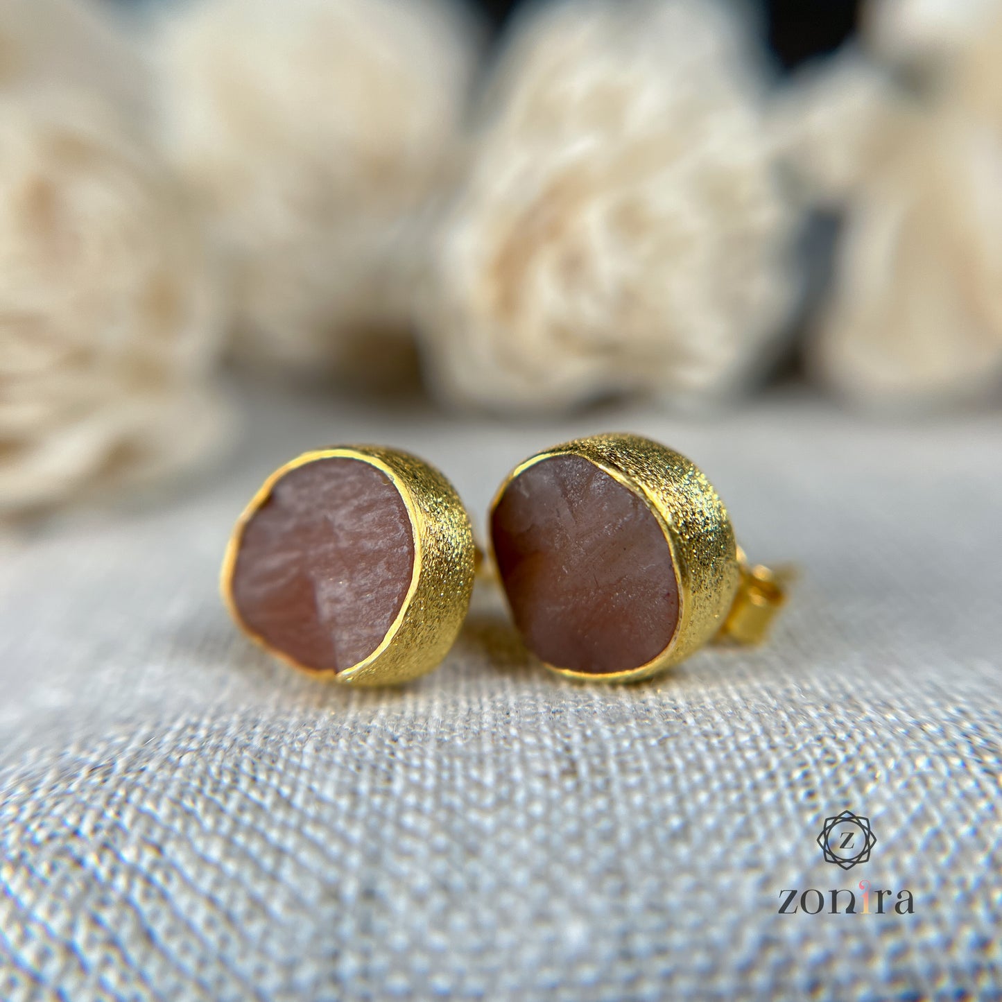 Aabis Silver Studs - Raw Peach Moonstone Gold