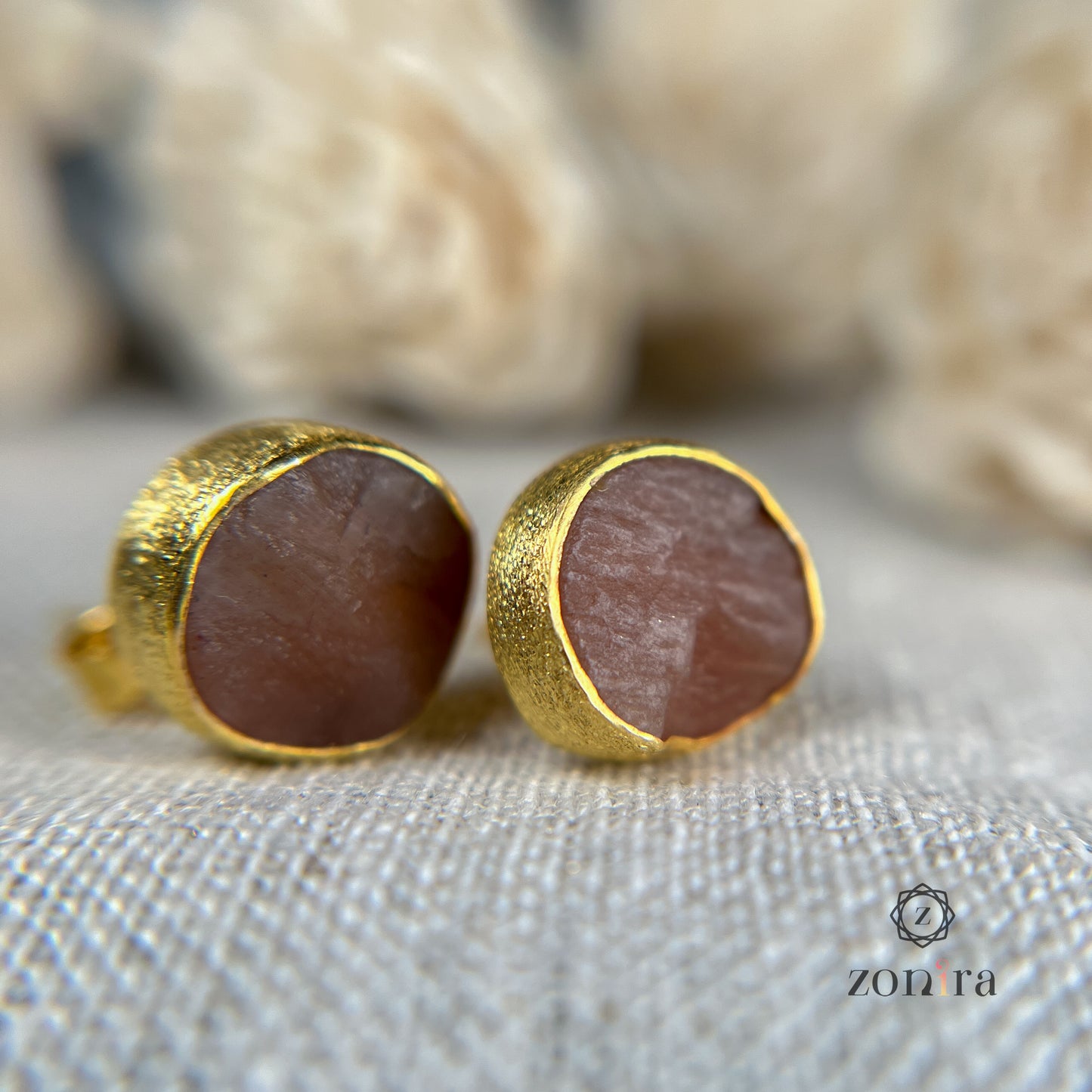 Aabis Silver Studs - Raw Peach Moonstone Gold