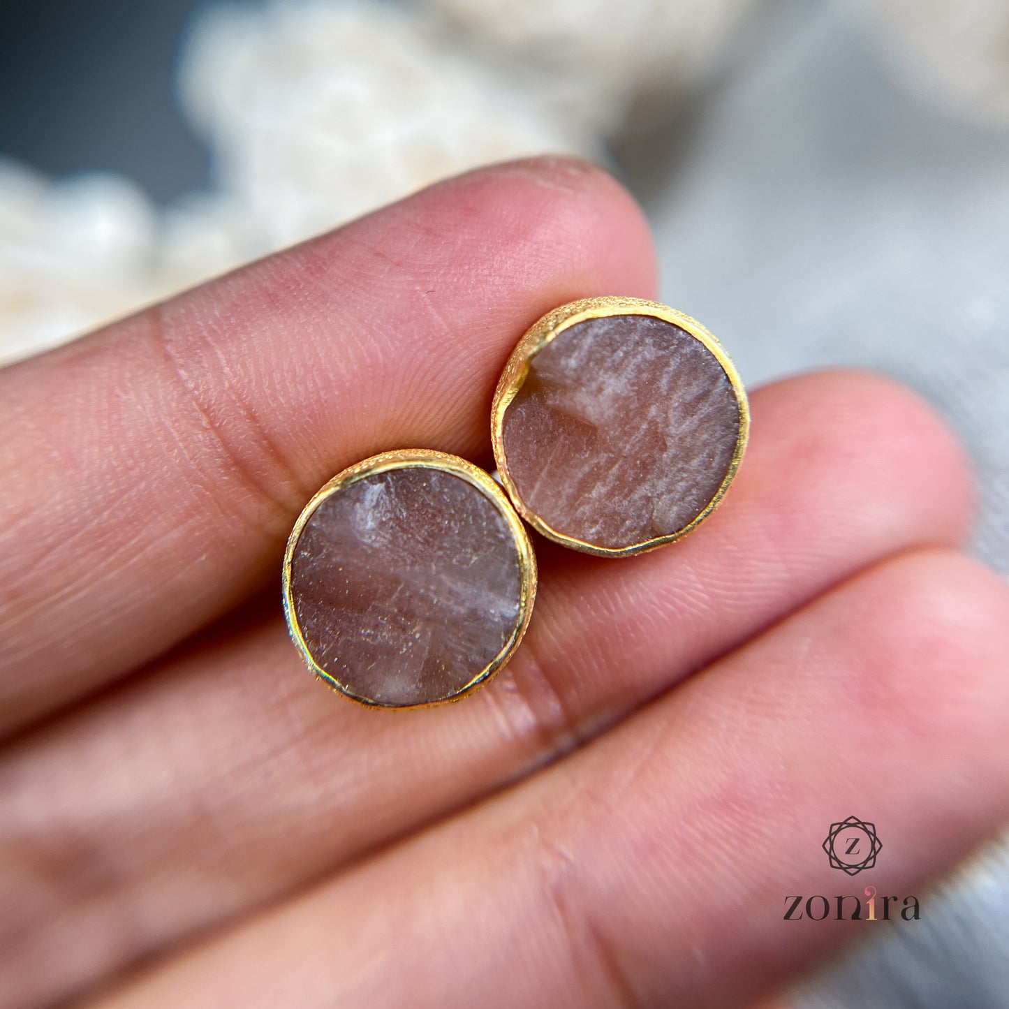 Aabis Silver Studs - Raw Peach Moonstone Gold