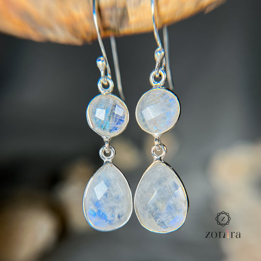 Aliya Silver Danglers - Rainbow Moonstone