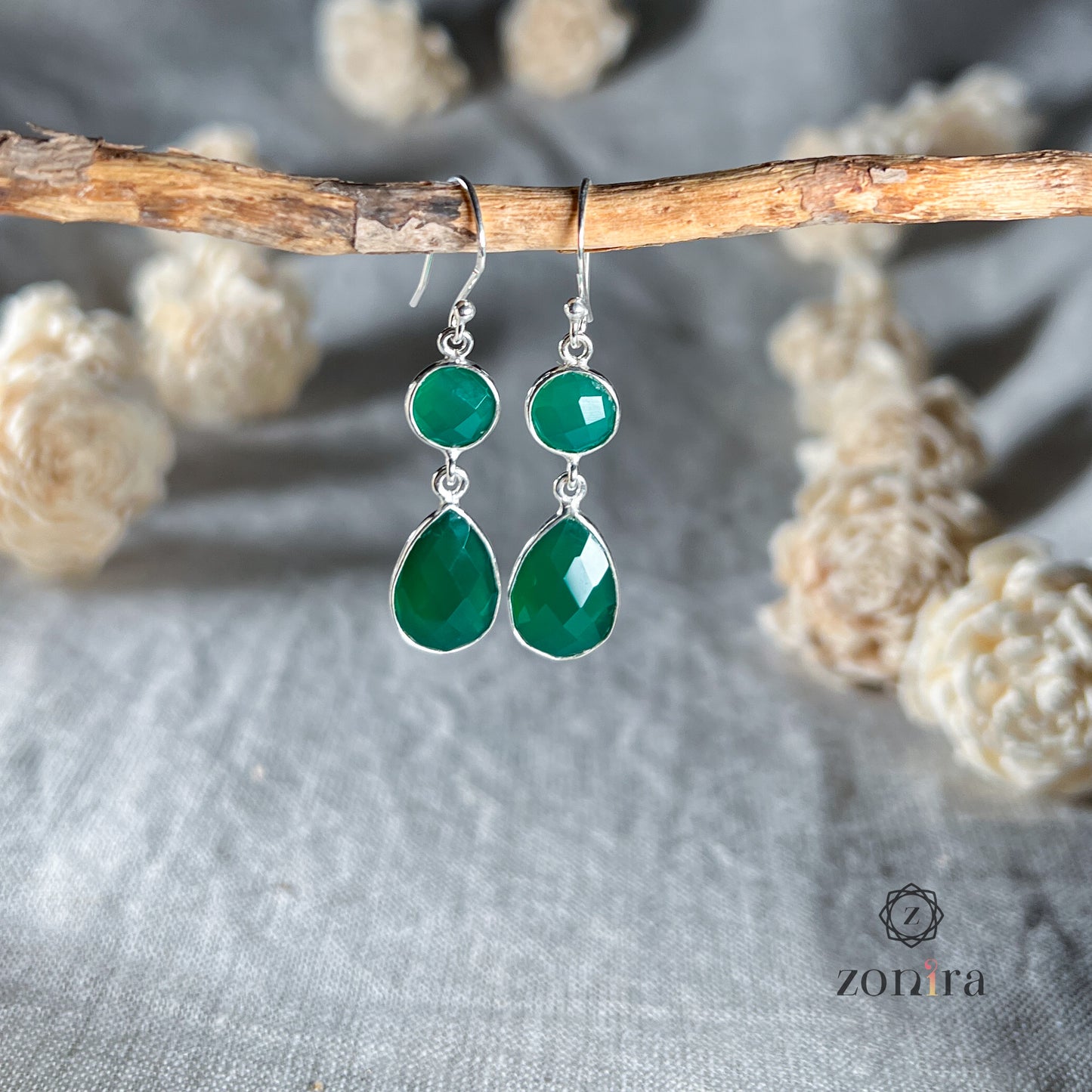 Aliya Silver Danglers - Green Onyx