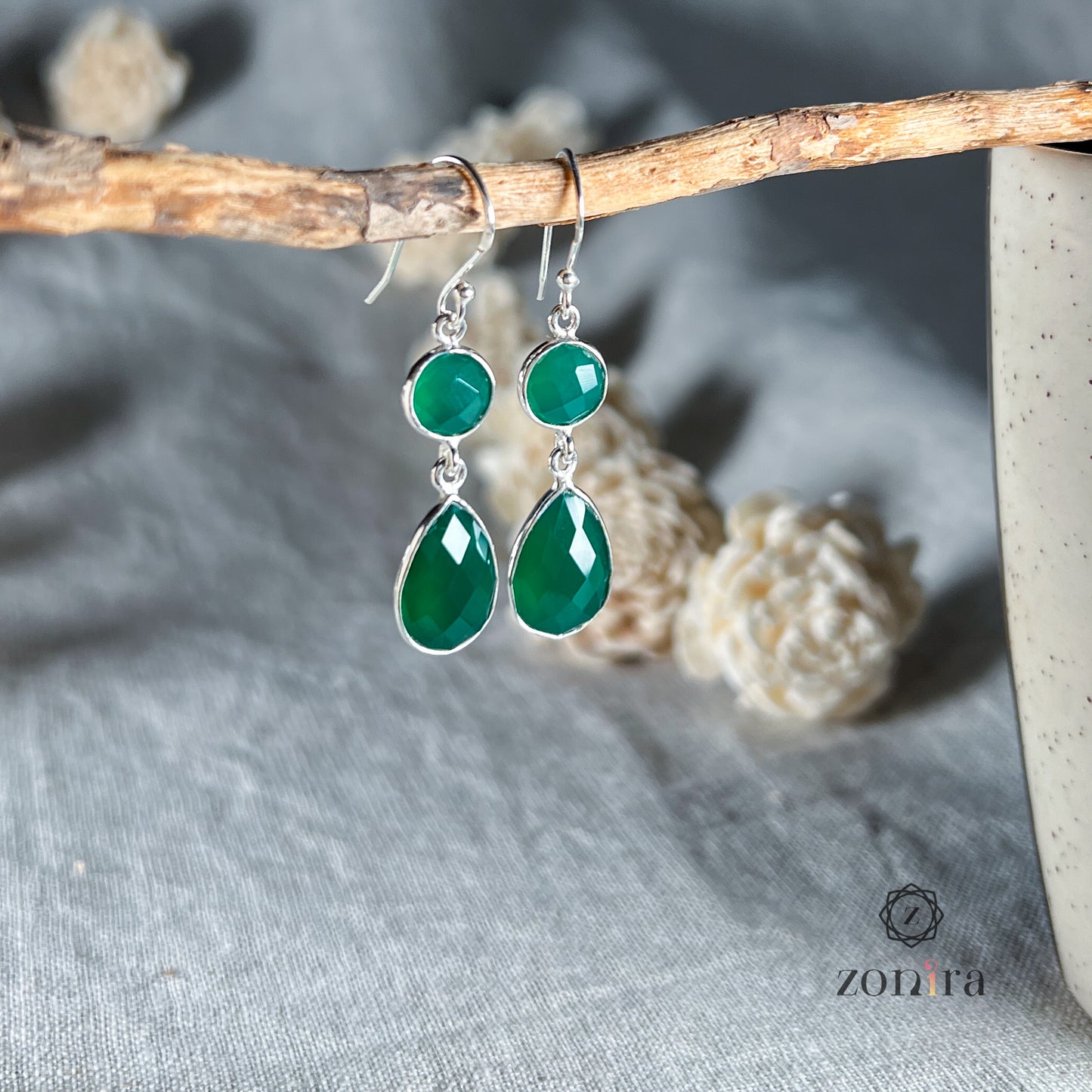 Aliya Silver Danglers - Green Onyx